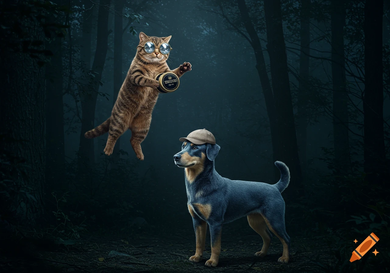 A photorealistic image of a tabby cat wearing round sunglasses flying while holding a can in a dark forest. Below it, a blue dog with a cap stands looking up.