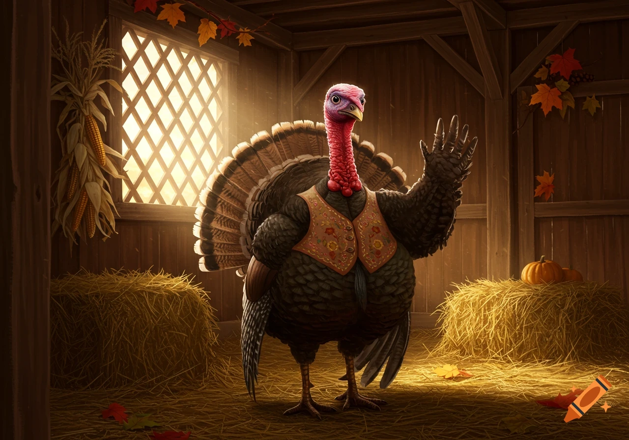An anthropomorphic turkey wearing a floral vest waves in a rustic barn with hay, pumpkins, and autumn leaves.