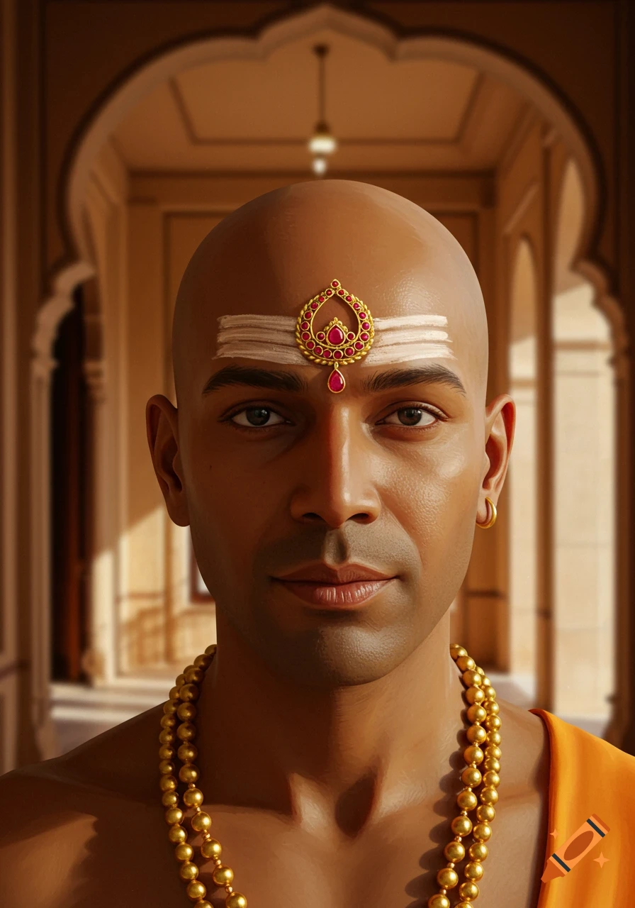 Photorealistic portrait of a bald man with traditional Indian tilak, red and gold tikka, gold bead necklaces, and orange robe in an arched corridor.