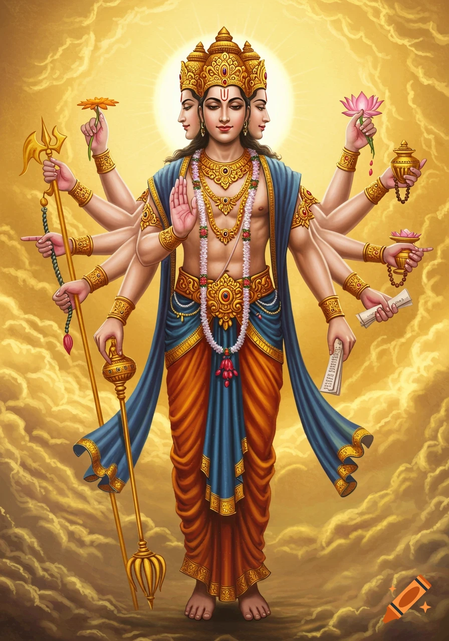 A multi-headed, multi-armed Hindu deity with golden skin and blue and orange robes, holding various ritual items against a bright golden, cloudy sky.