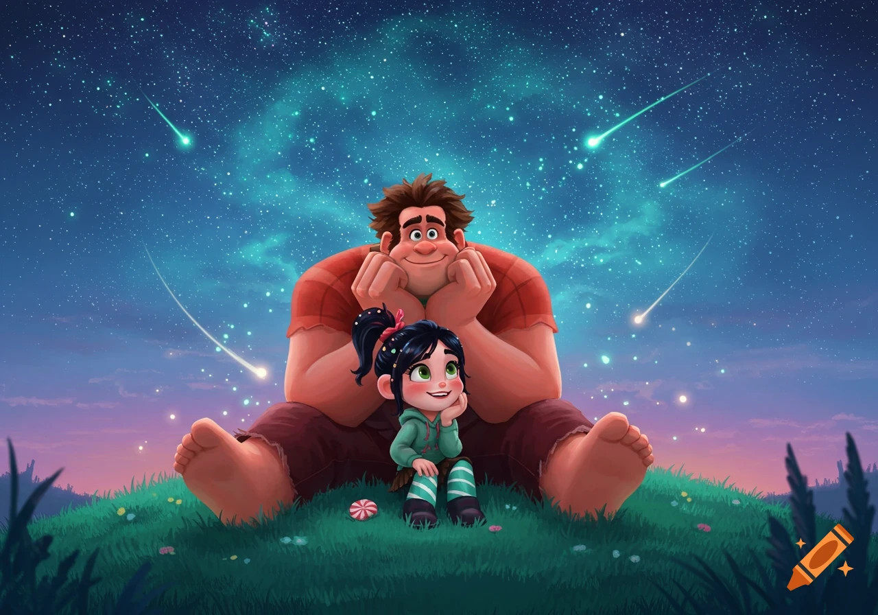 Wreck-It Ralph and Vanellope sit on a grassy hill, gazing up at a vibrant, star-filled night sky with shooting stars.