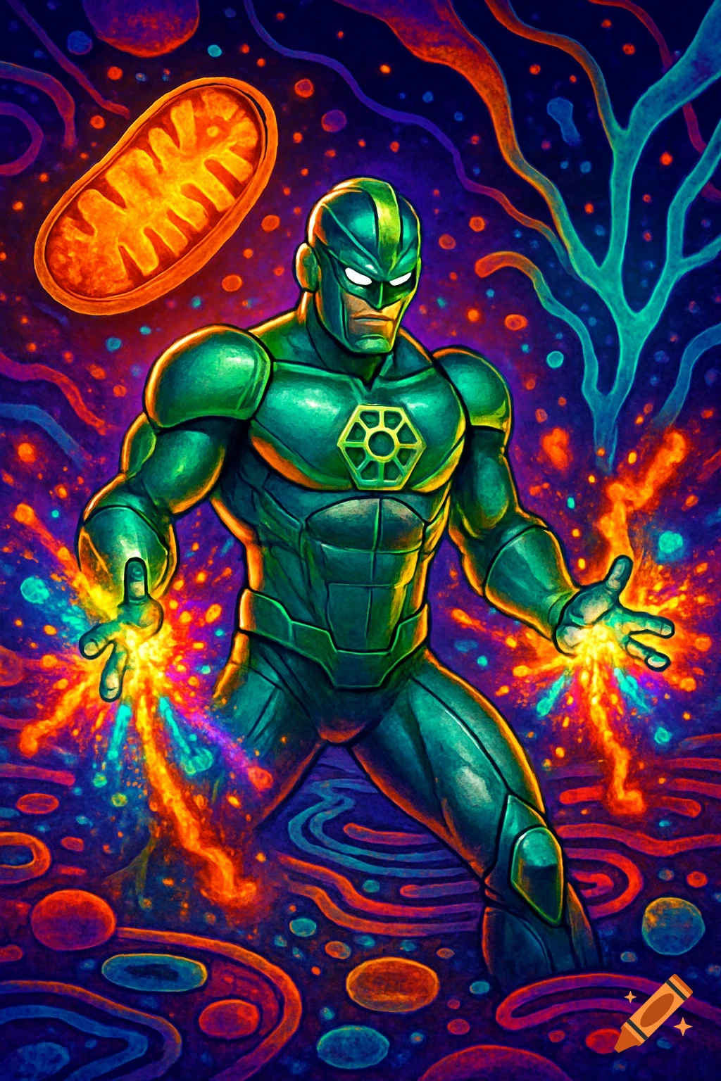 A green-suited superhero with glowing hands stands against a vibrant, cellular background with a mitochondrion, in comic book art style.