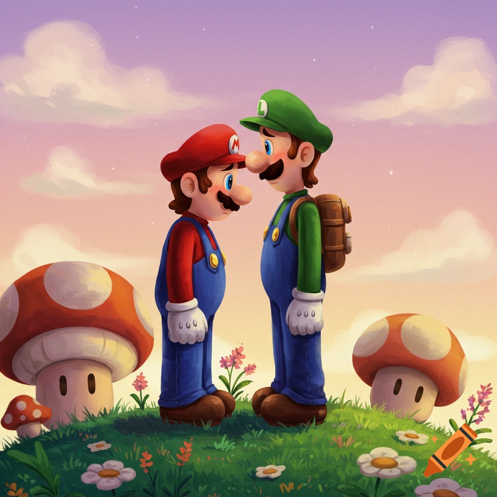 Mario and Luigi stand on a grassy hill with mushrooms and flowers under a pastel sky in a charming illustration.