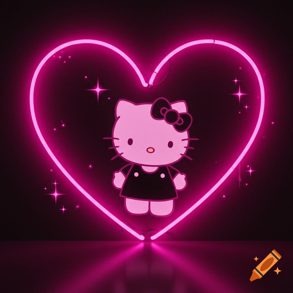 A white Hello Kitty wearing a black dress stands inside a glowing pink neon heart on a dark background.