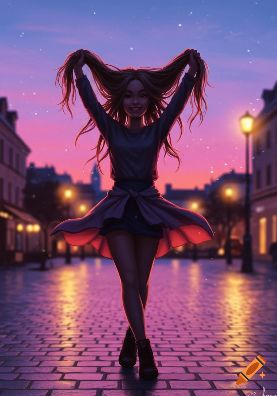 Smiling woman holding her long hair up, dancing on a glowing cobblestone street at sunset, vibrant digital art.