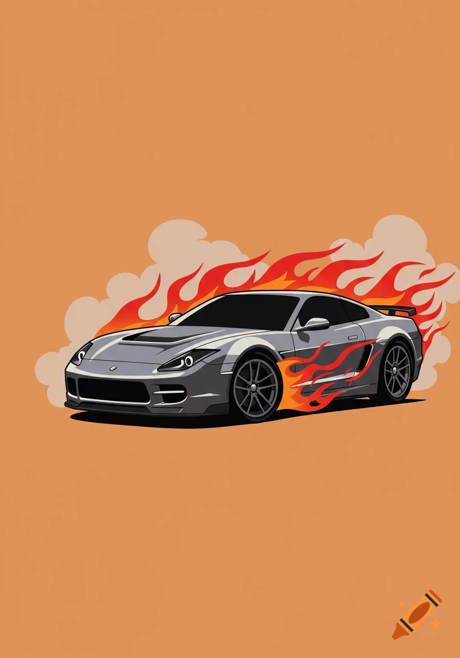 A cartoon silver sports car with red and orange flames and smoke on a plain orange background.