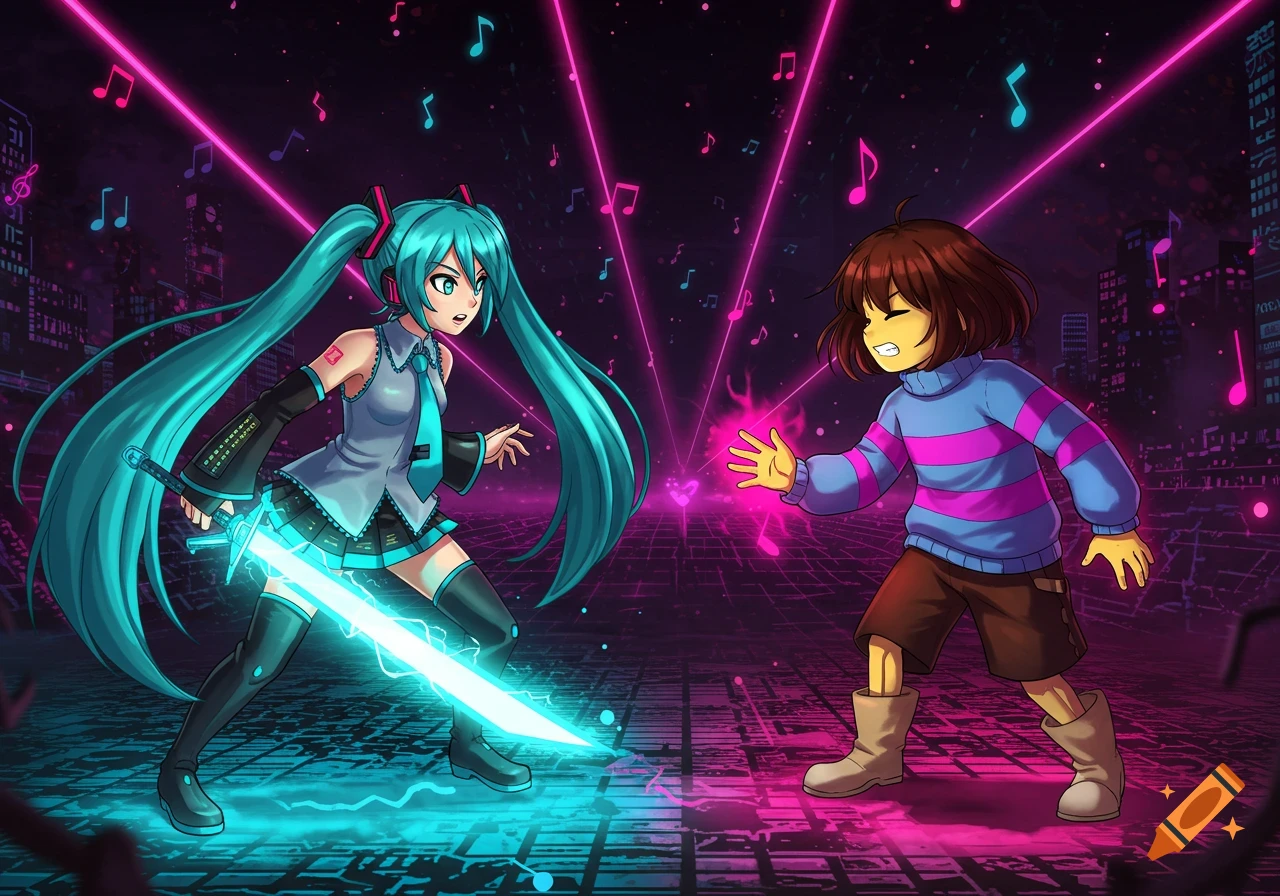 Hatsune Miku with a glowing sword and Frisk from Undertale face off in a neon pink and blue cityscape with musical notes.