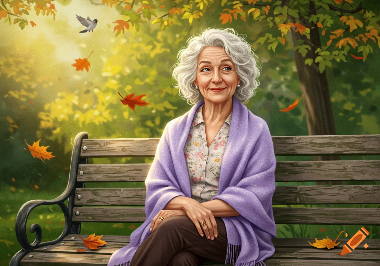 Illustrated portrait of a bemused elderly woman with white curly hair, sitting on a park bench in autumn as leaves fall.