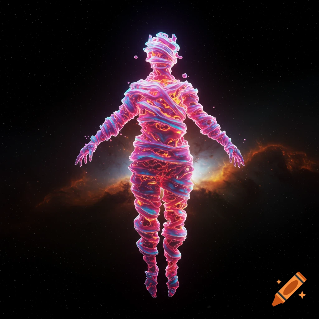 A glowing, abstract humanoid figure made of swirling pink and blue energy strands floats in deep space with a nebula in the background.