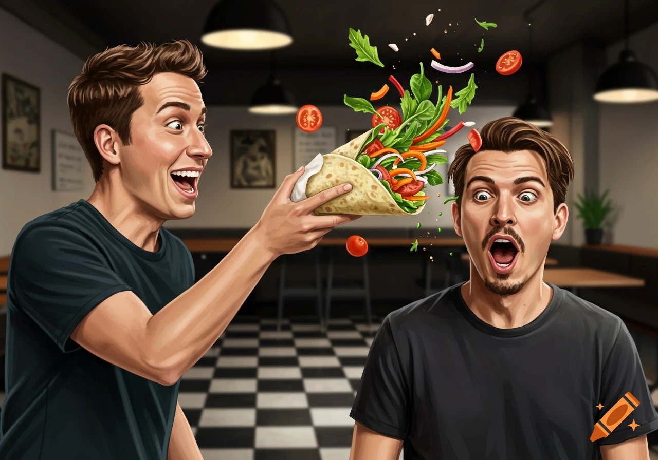 An illustration of one man gleefully smashing a salad wrap into another man's shocked face in a restaurant.