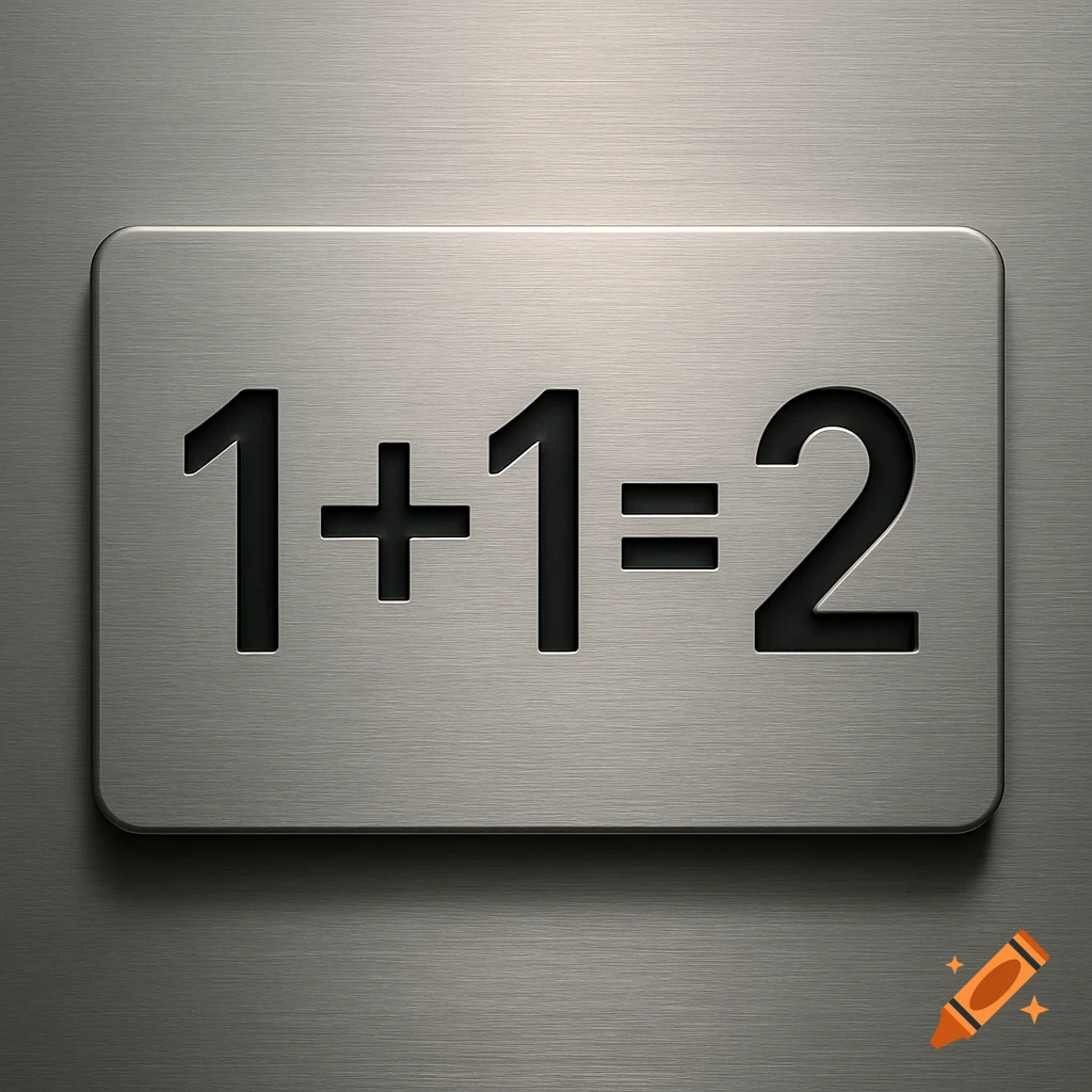 A brushed metal sign with the equation '1+1=2' engraved on it.