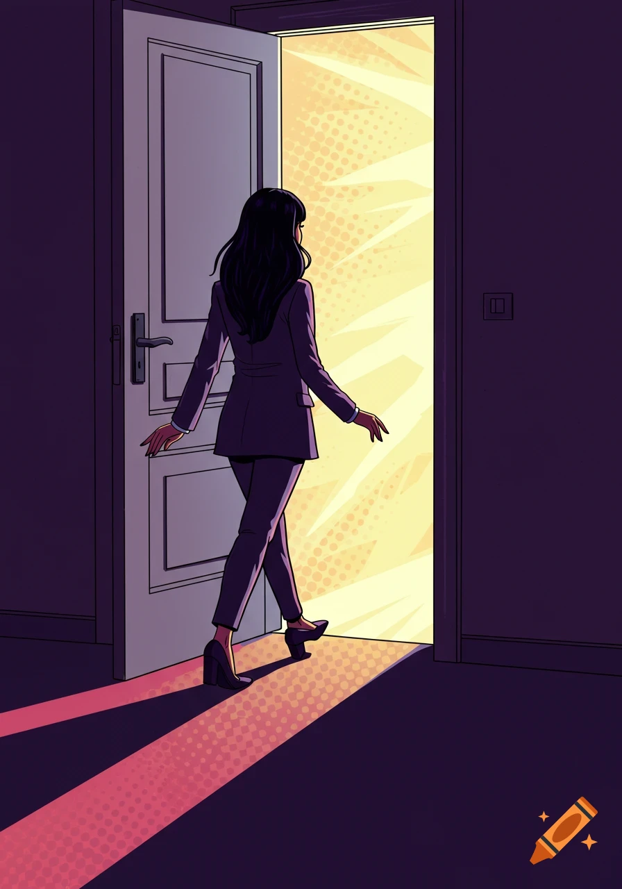 A pop art illustration shows a woman from behind, in a purple suit, walking through a doorway toward a bright light. Pink shadows stretch across the dark floor.