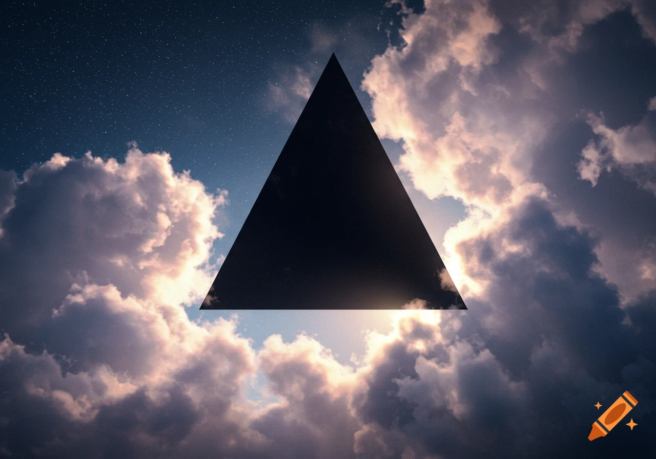 A large dark triangle against a cloudy sky with bright patches and visible stars.