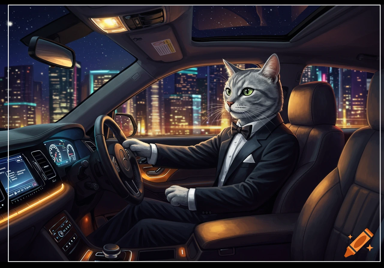 A grey striped cat in a tuxedo drives a car at night with a city skyline behind it, illustrated.