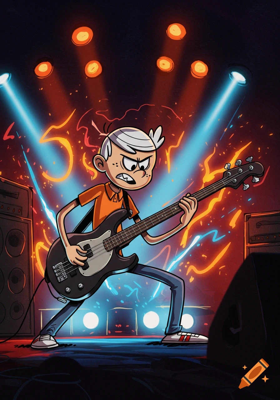 Cartoon character Lincoln Loud intensely plays a four-string bass guitar on a dark stage bathed in vibrant blue and orange spotlights.