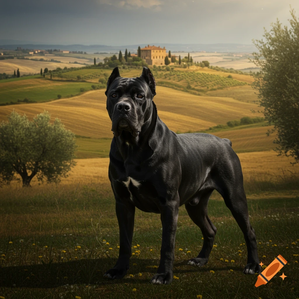 A large black Cane Corso dog stands majestically in a grassy field with rolling hills and a Tuscan-style building under a dramatic sky.