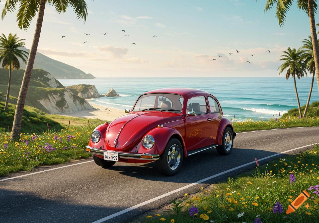 A bright red vintage Volkswagen Beetle drives along a sunny coastal road bordered by palm trees and wildflowers, with the ocean and cliffs in the background.