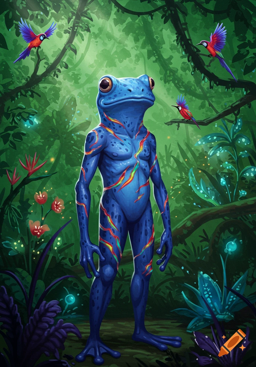 A blue humanoid frog creature with rainbow stripes stands in a lush, vibrant jungle with exotic plants and colorful birds.
