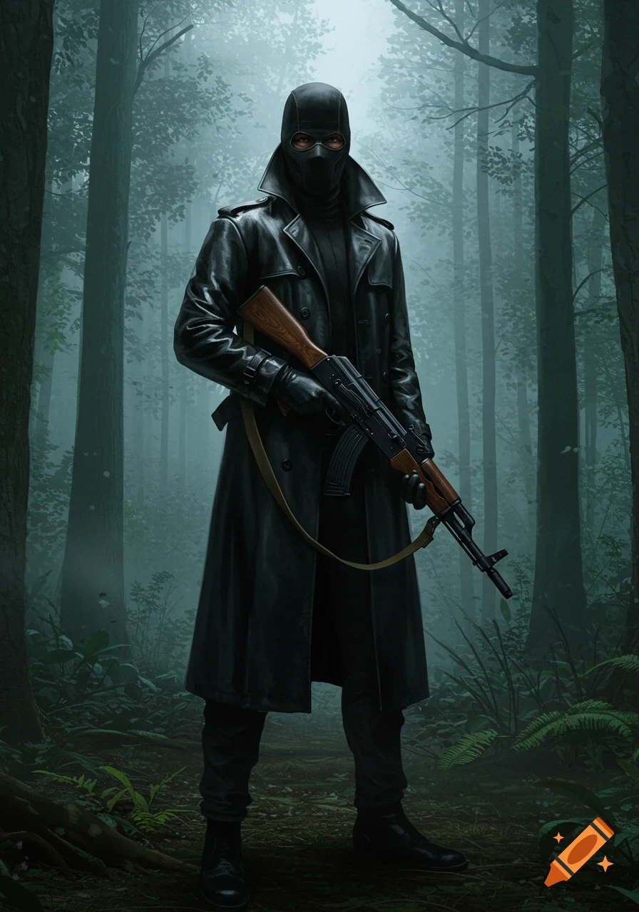 A masked figure in a balaclava and black trench coat stands holding a rifle in a misty forest, photorealistic style.