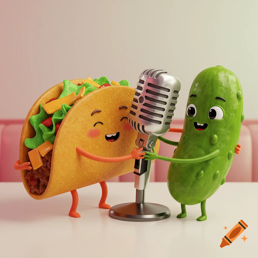 A smiling cartoon taco and pickle hug a retro microphone on a white table in a 3D render.