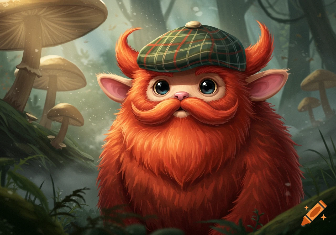 A fluffy, orange-red fantasy creature with a red mustache and beard, wearing a green plaid flat cap, in a misty forest with mushrooms.