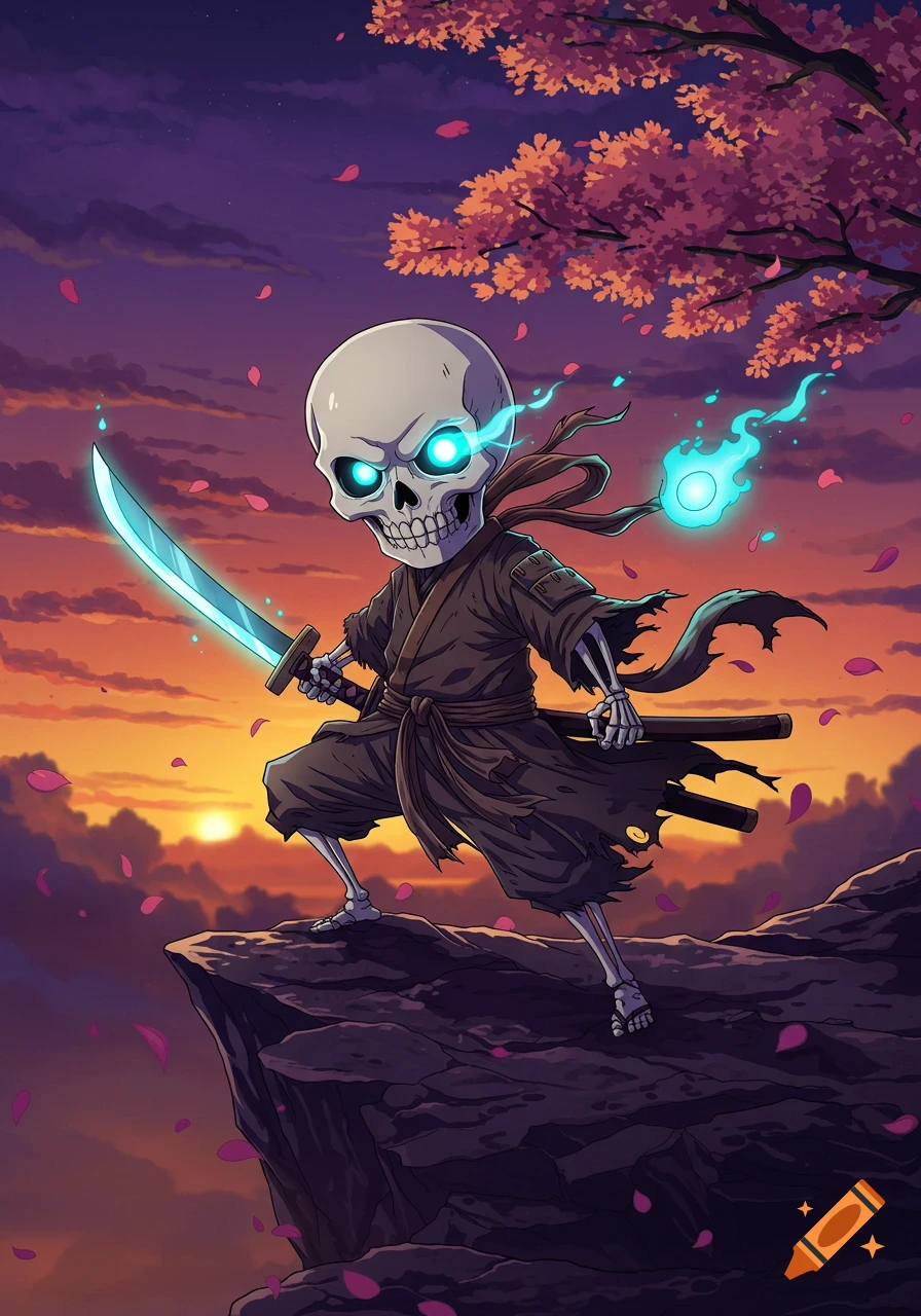 A cartoonish anime skeleton warrior with glowing blue eyes holds a radiant sword and blue fire on a cliff at sunset, with pink petals falling.