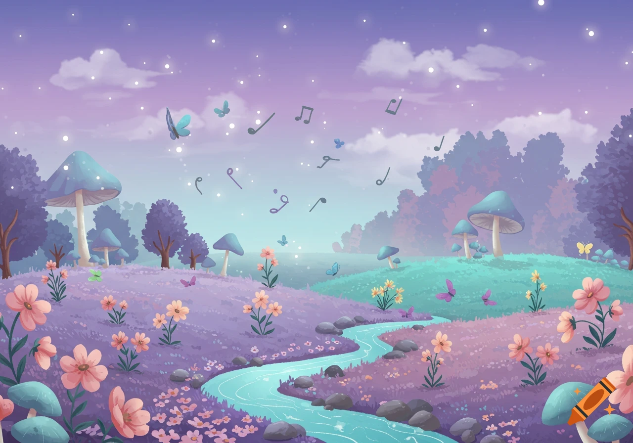 A whimsical fantasy landscape with purple hills, blue mushrooms, a winding river, pink and yellow flowers, butterflies, and floating musical notes under a starry purple sky.