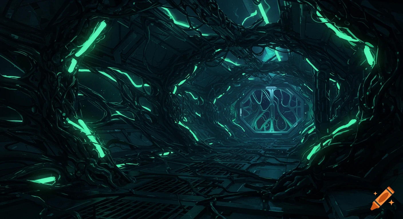 Dark spaceship corridor with glowing green organic structures and industrial floor, leading to a starry window.