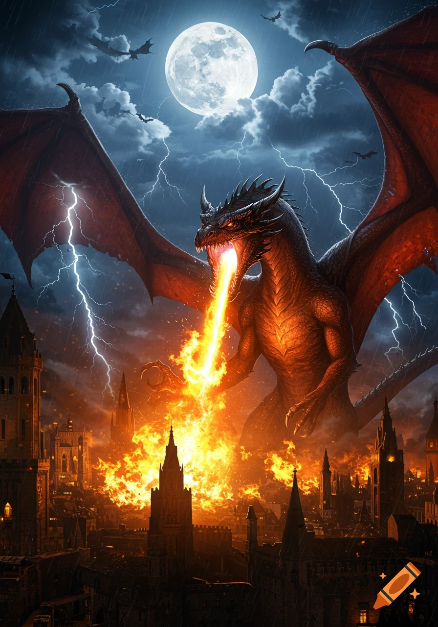 A red and black dragon breathes fire onto a burning city under a full moon with lightning in a stormy sky.