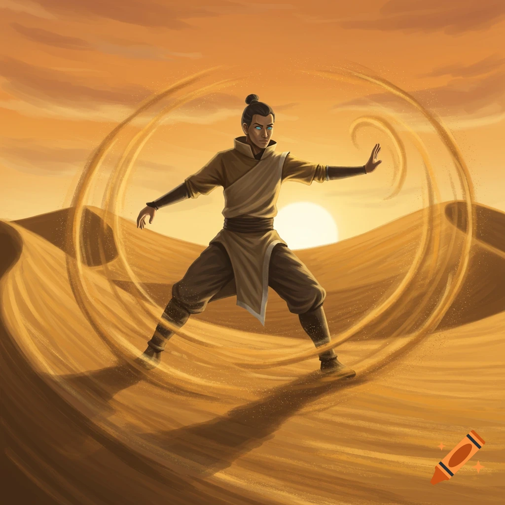 A male sandbender from Avatar with glowing blue eyes, in a desert at sunset, creating a swirling sand vortex around him.