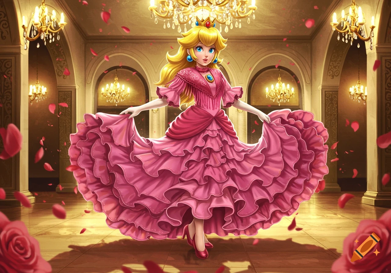 Princess Peach in a vibrant pink ruffled flamenco dress, holding out the skirt in a grand ballroom with chandeliers and falling rose petals.