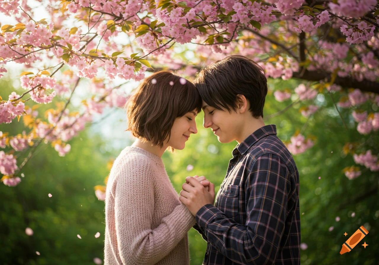 Two people with heads touching, holding hands under pink cherry blossoms in a sunlit park.