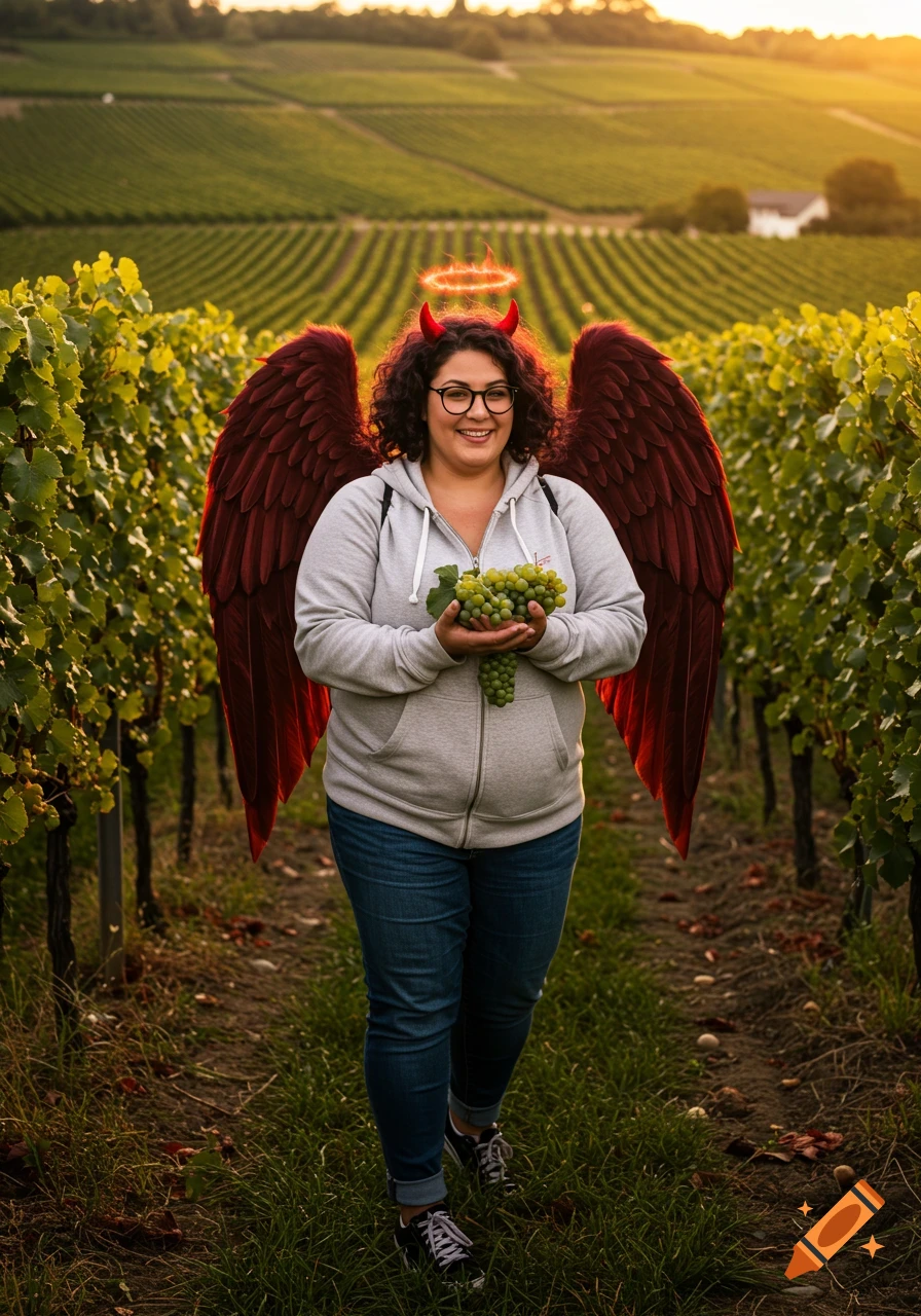Photorealistic portrait of a smiling woman with dark curly hair, glasses, devil horns, a fiery halo, and large red wings. She wears a gray hoodie, jeans, and sneakers, holding a bunch of green grapes. She stands in a sunny vineyard.