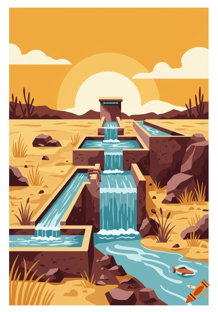 Cartoon illustration of a multi-tiered fishway with waterfalls and basins flowing into a river in a sun-drenched desert, with a fish in the water.