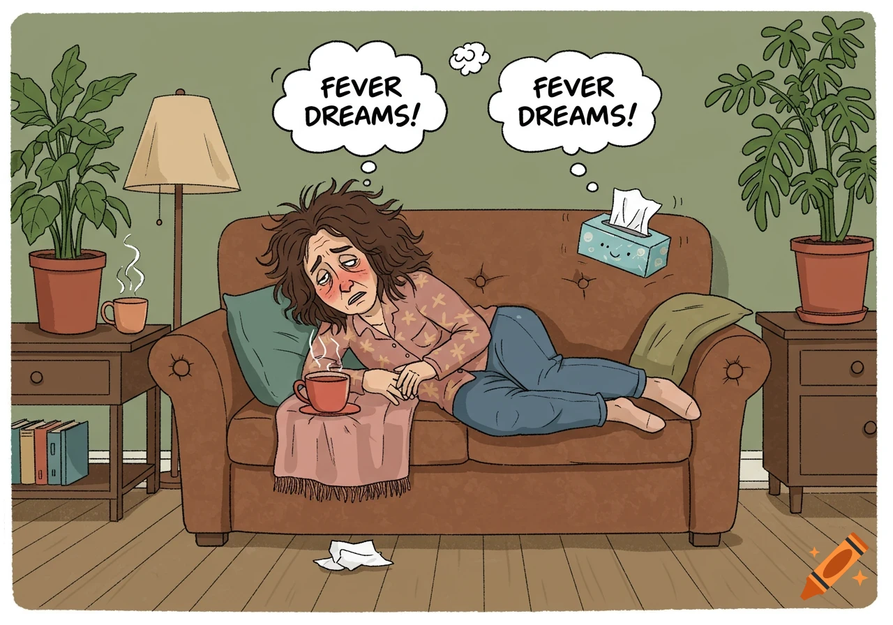 Cartoon of a sick woman with messy hair and flushed face lying on a brown couch. Thought bubbles above her head read 'FEVER DREAMS!'. A tissue box and hot drinks are nearby.