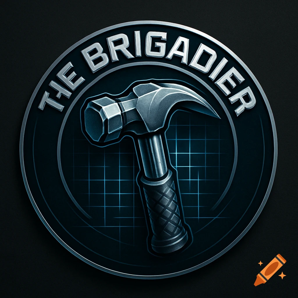 Circular metallic logo with a hammer in the center and 'THE BRIGADIER' text on a dark background.