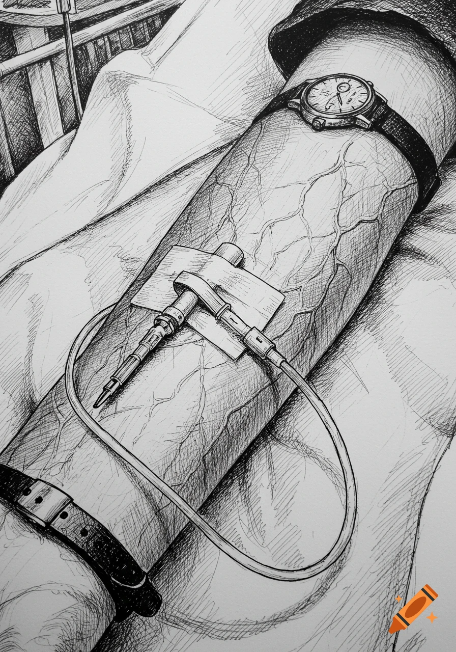 Detailed pen sketch of a person's arm with an IV drip inserted, wearing a watch.