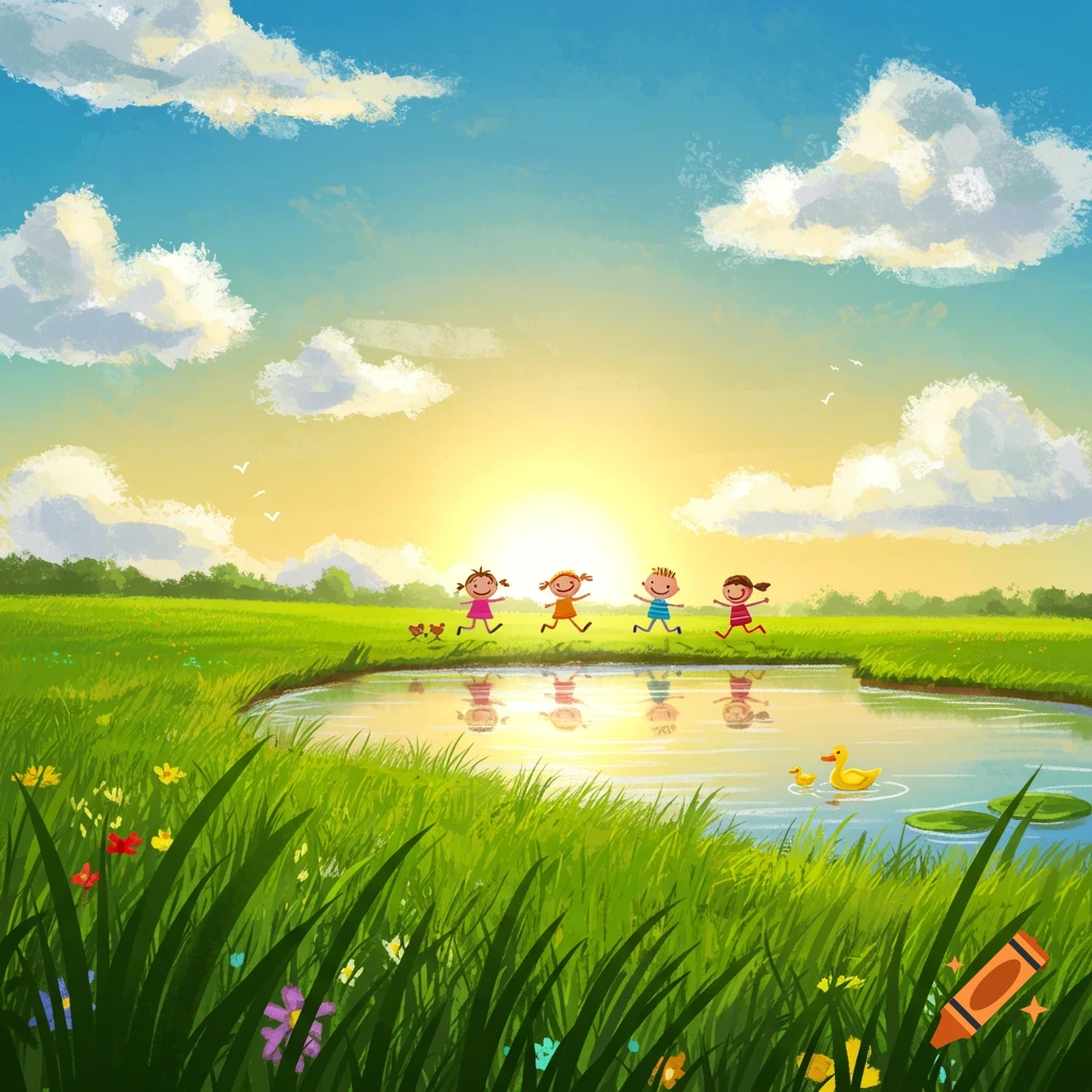 Cartoon illustration of four kids running by a pond in a sunny green grassland with ducks.