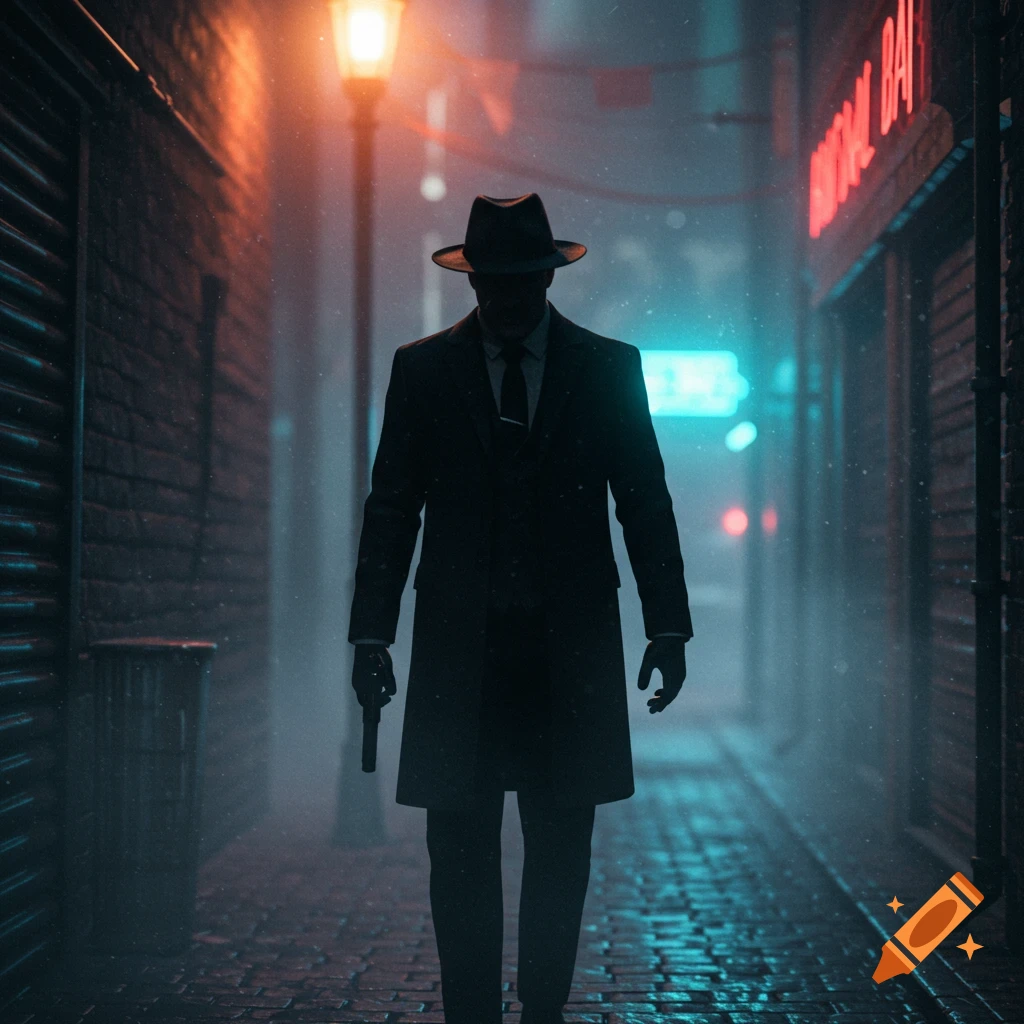 A shadowy man in a fedora, trench coat, and gloves walks down a rainy, neon-lit alley holding a pistol.