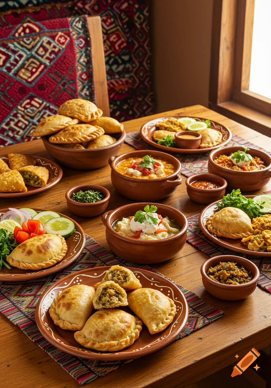 A rustic wooden table laden with various plates and bowls of traditional dishes including golden empanadas, stews, and side salads.