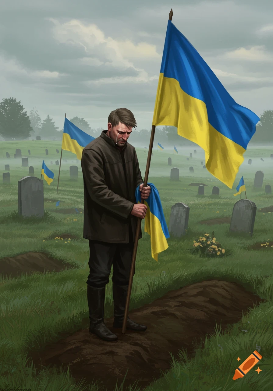 A man in a brown jacket cries next to an open grave, holding a Ukrainian flag in a misty graveyard with many headstones and flags.