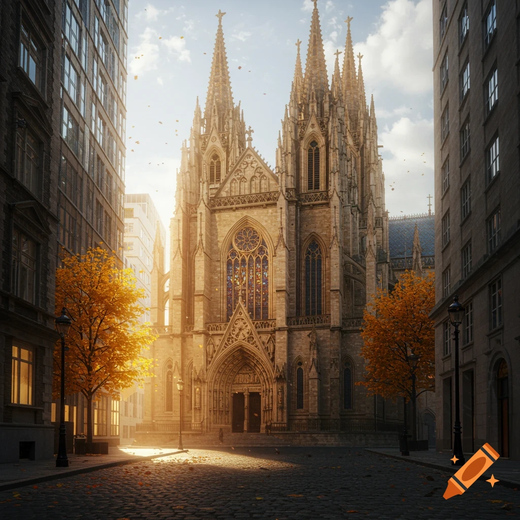 Photorealistic view of a grand Gothic cathedral on a cobblestone street, bathed in golden autumn light, with falling leaves and city buildings on either side.