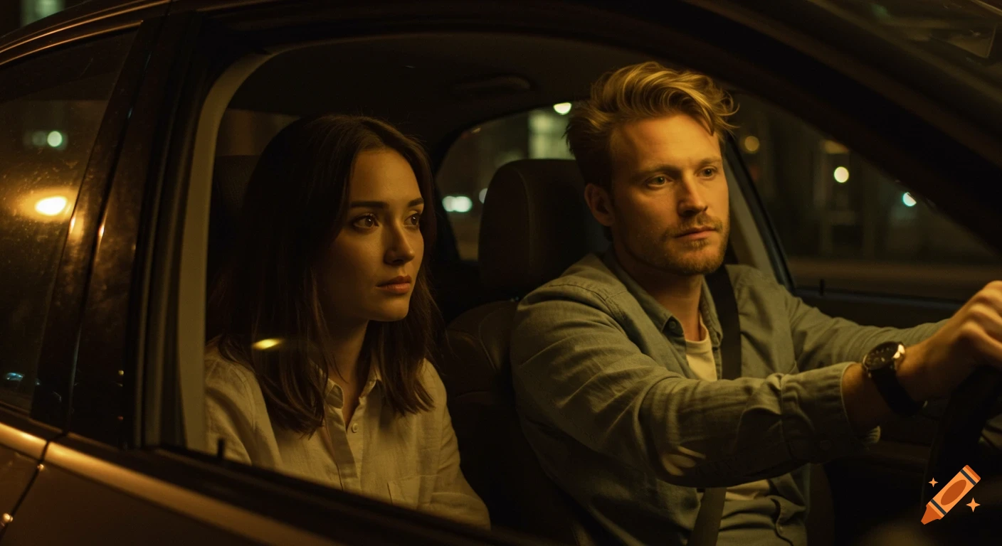 A man drives a car at night with a woman in the passenger seat. They are looking forward, illuminated by golden streetlights.