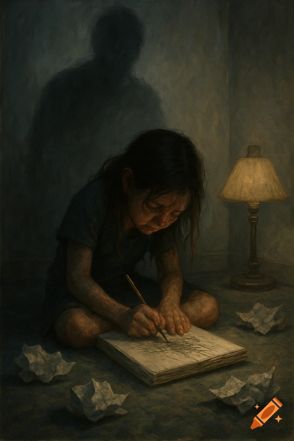 A dark, painterly illustration of a crying girl scribbling on paper in a dimly lit room, with a large shadow looming behind her.
