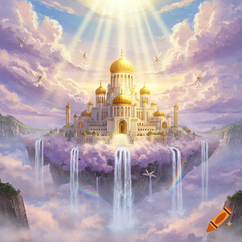 A breathtaking fantasy painting of a majestic golden-domed temple on a floating cloud island with waterfalls and angels.