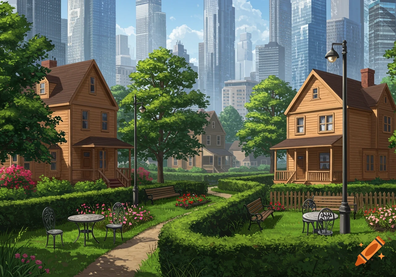 An illustrative view of quaint 1870s wooden villas with lush gardens, contrasting with towering modern skyscrapers in the background.