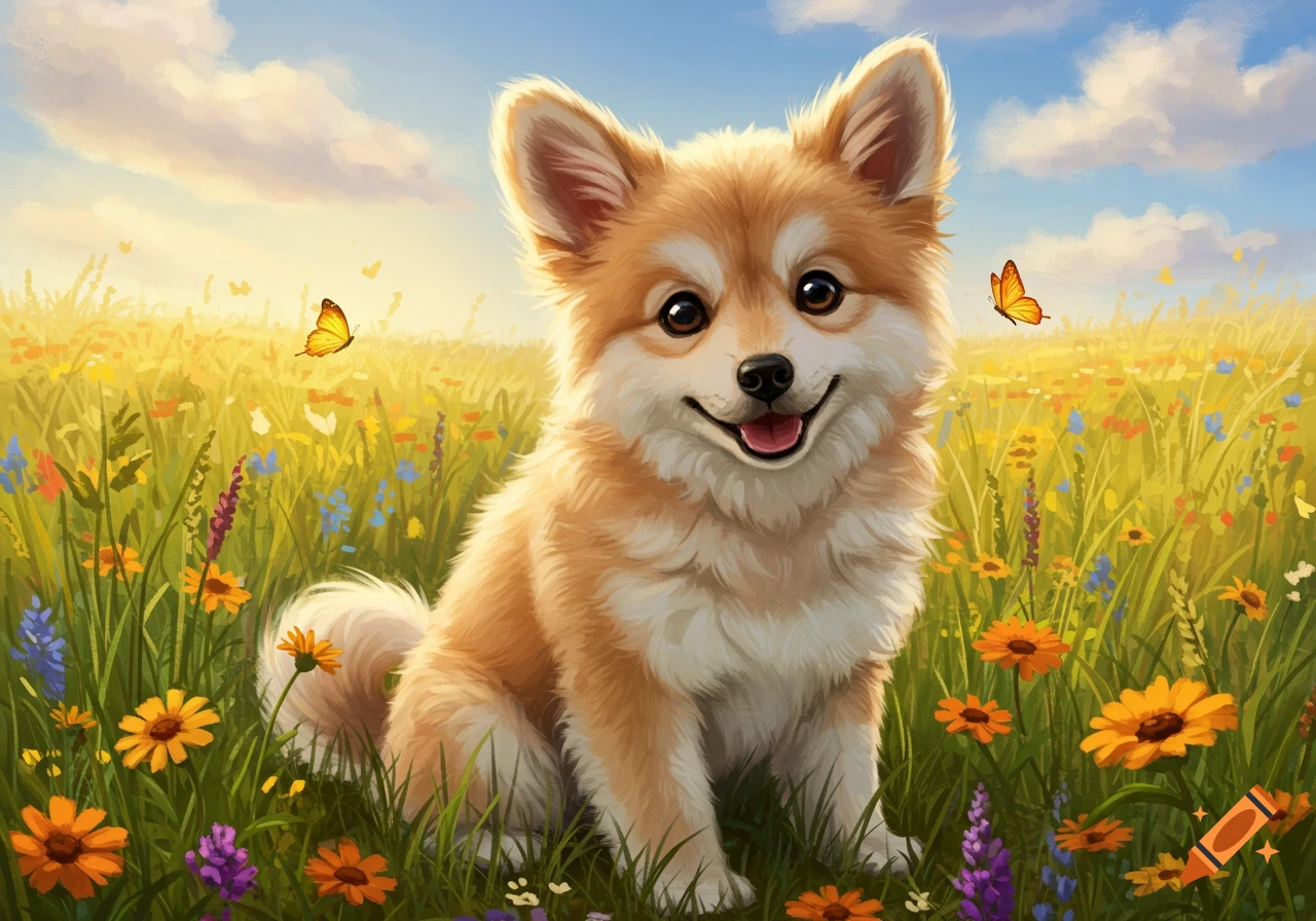 A cute, fluffy light brown and white dog sits smiling in a vibrant field of green grass and colorful wildflowers under a bright blue sky with clouds and two orange butterflies.