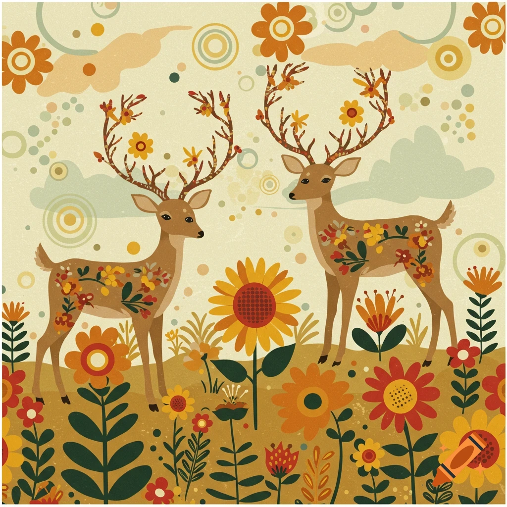 Two brown deer with floral patterns and antlers adorned with flowers stand in a vibrant flower field, in a 60s folk art style.
