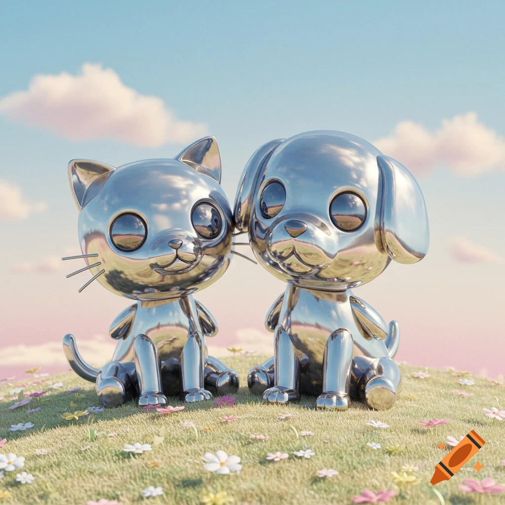 Two shiny metallic cat and dog figures sit on a grassy hill with small flowers under a blue sky.
