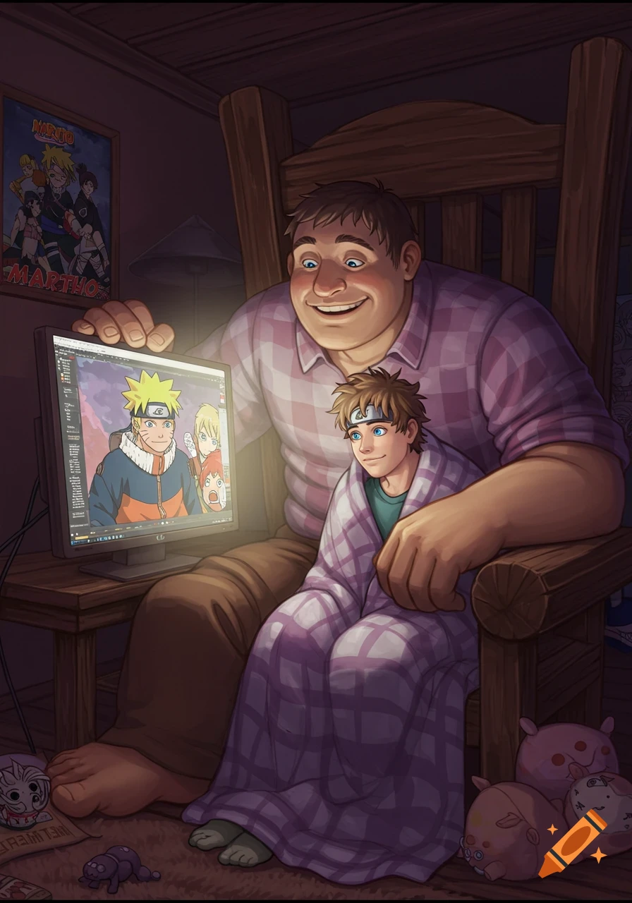 A large man in a plaid shirt watches Naruto on a computer with a boy wrapped in a blanket on his lap, in a cozy, dimly lit room with a Naruto poster.
